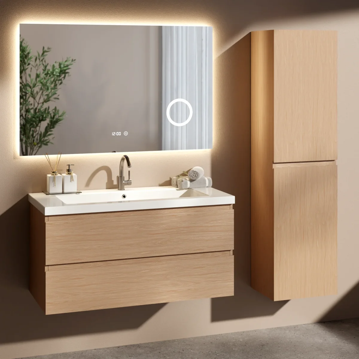Ensemble de meubles de salle de bain Amara – 100 cm – Chêne Clair – Lavabo Blanc