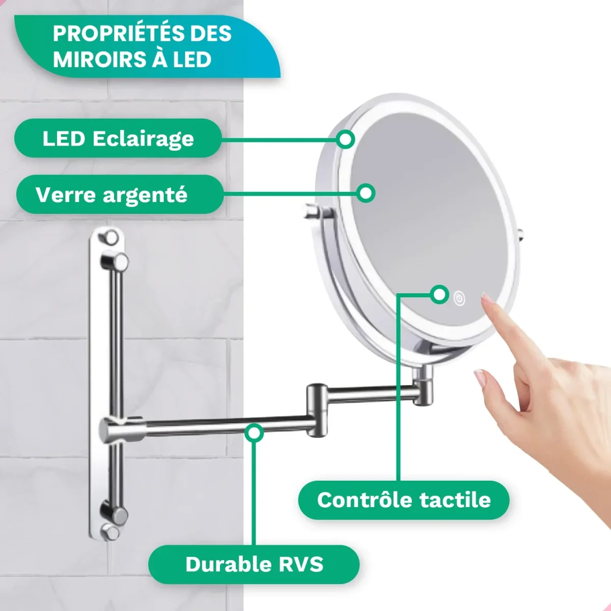 Miroir de maquillage - Rechargeable - Chrome - Grossissement 1-7x - Précommander – Image 7
