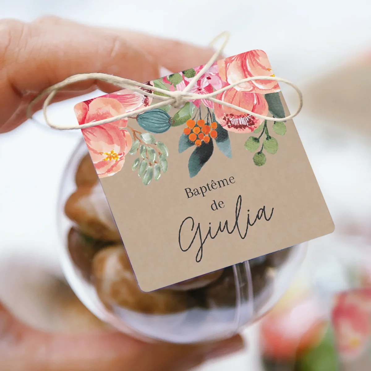 Boîte à dragées Baptême boule avec étiquette carrée Pop’s Flowers of Grace – Image 2