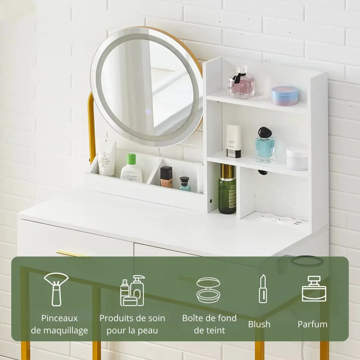 Coiffeuse pour Maquillage avec Miroir LED et Rangements – Design Blanc et Or – Image 6