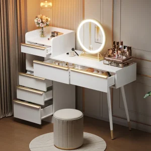 Meuble Coiffeuse Avec Miroir LED et 6 tiroirs grande capacité